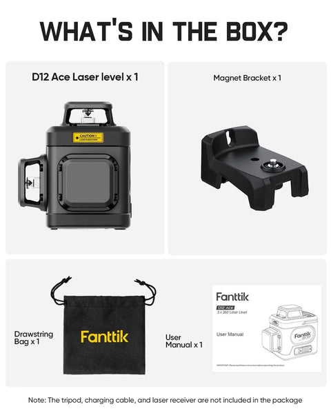 D12 Ace Laser Level With 3x360 Degree Lines 16 Lines Self Leveling For Construction Projects Pro Grade Laser Alignment Tool For Quick Leveling And Plumb package contents: laser level, magnet bracket, drawstring bag, manual