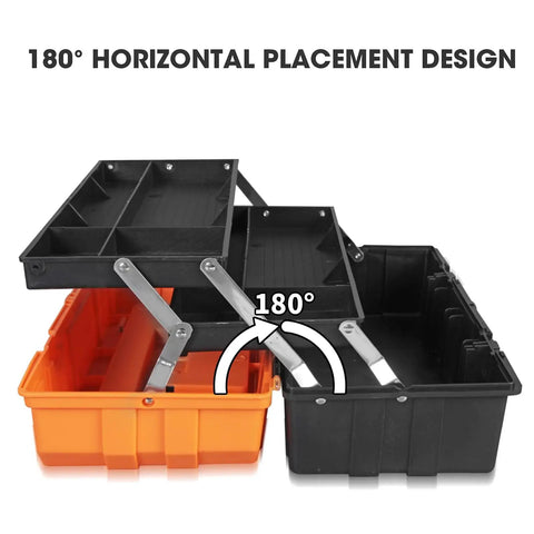 17 Inch Plastic Tool Box With 3 Tier Fold Out Trays, Heavy Duty Latches For Easy Metric Imperial Sorting, Portable Shop Case Built Tough For The Daily Grind And No Sweat Organization