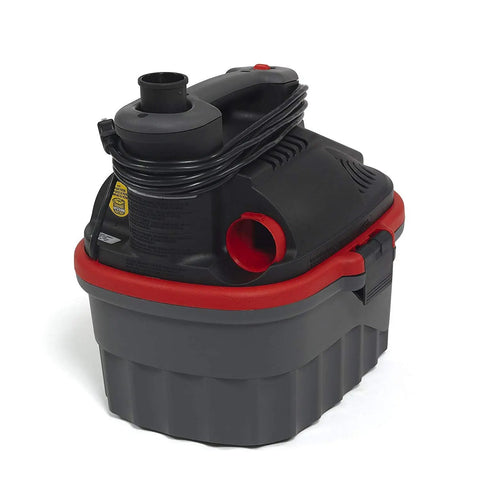 4-Gallon Portable Wet And Dry Vacuum Cleaner With A 5.0 Peak HP Motor, red and black design, easy carry handle visible