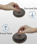 Hands demonstrating lift and turn mechanism on oil rubbed bronze tub drain trim kit with overflow faceplate and two hole conversion