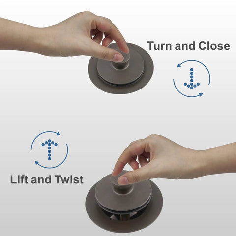 Hands demonstrating lift and turn mechanism on oil rubbed bronze tub drain trim kit with overflow faceplate and two hole conversion