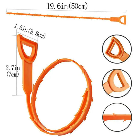 Orange plastic drain cleaner, 19.6 inches with handle, part of 39 Inch Drain Clog Remover Kit With 20 Inch Drain Snake Hair Removers And Cleaning Brush 24 Inch Sewer Hair Catcher Six Pack Auger Cleaner Tools For Toilet Kitchen Sink And Bathroom.