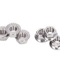 Fifty-Piece Flange Nut Set For Automotive And Machinery, Stainless Steel A2-70 DIN 1587 Locking Nuts, six nuts on white background.