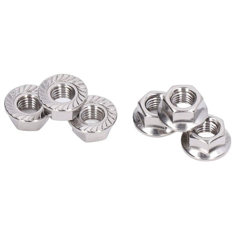 Fifty-Piece Flange Nut Set For Automotive And Machinery, Stainless Steel A2-70 DIN 1587 Locking Nuts, six nuts on white background.