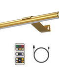 Wireless Picture Light Battery Powered And Rechargeable With Remote, Metal Art Display Lamp In Gold, USB cable, and remote shown