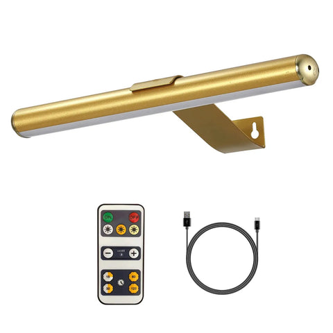 Wireless Picture Light Battery Powered And Rechargeable With Remote, Metal Art Display Lamp In Gold, USB cable, and remote shown
