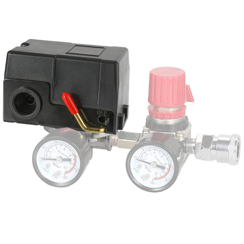 LF10-4H Air Compressor Pressure Switch Replacement 95-125 PSI Range, 20A, 4 Port, shown with gauges and red valve