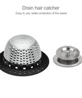 Ditch The Nasty Clogs With This Heavy Duty Shower Drain Hair Catcher Snags Fuzz And Debris Fast Fits Pop Up And Standard Tub Drains Easy To Rinse Off In Sleek Black, featuring metal dome over black silicone base.