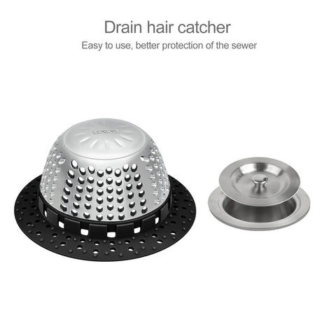 Ditch The Nasty Clogs With This Heavy Duty Shower Drain Hair Catcher Snags Fuzz And Debris Fast Fits Pop Up And Standard Tub Drains Easy To Rinse Off In Sleek Black, featuring metal dome over black silicone base.