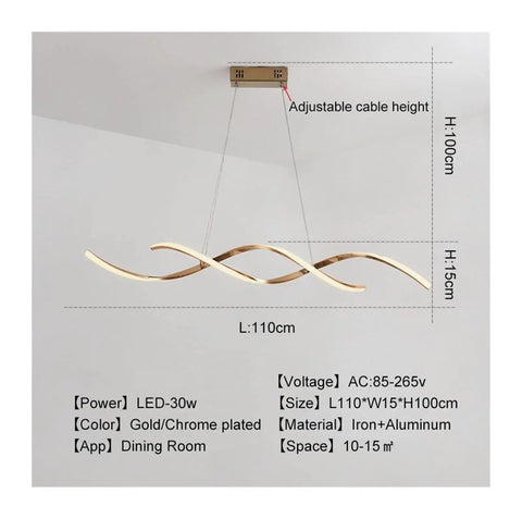 Modern Wave LED Pendant Light Featuring Brushed Gold Finish And Clean Geometric Lines Ideal For Commercial Kitchens Dining Rooms And Loft Spaces Tough Aluminum Construction Delivering Reliable Warm Glow That Really Nails That Vibe, 110cm length and adjustable height.