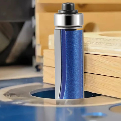 No Fuss Professional Grade 1/4 Inch Shank Top Bearing Flush Trim Router Bit For Efficient Wood Synthetic And Laminated Board Trimming Rock Solid Finish mounted in a router for precision wood edging.