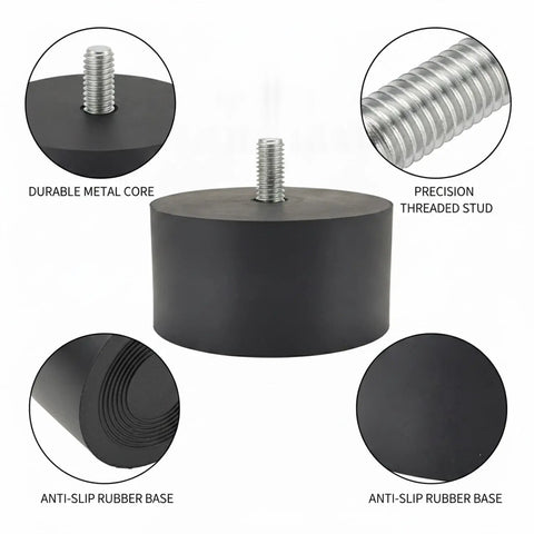 Heavy Duty Adjustable Leveling Foot with rubber base and metal threaded leg for uneven floors, showing base and stud details.