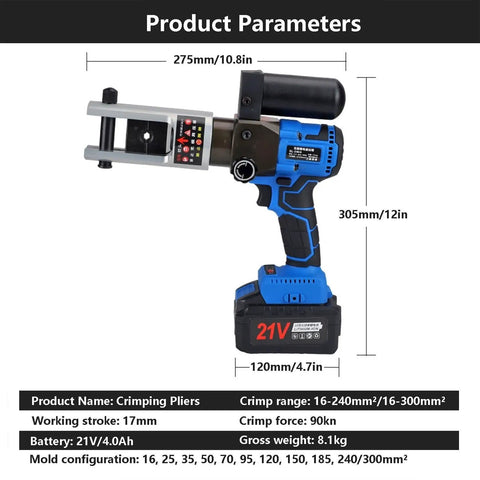 Heavy Duty 21V Cordless Electric Hydraulic Crimping Pliers With 40Ah Battery And Cable Cutter, displaying size and specifications.