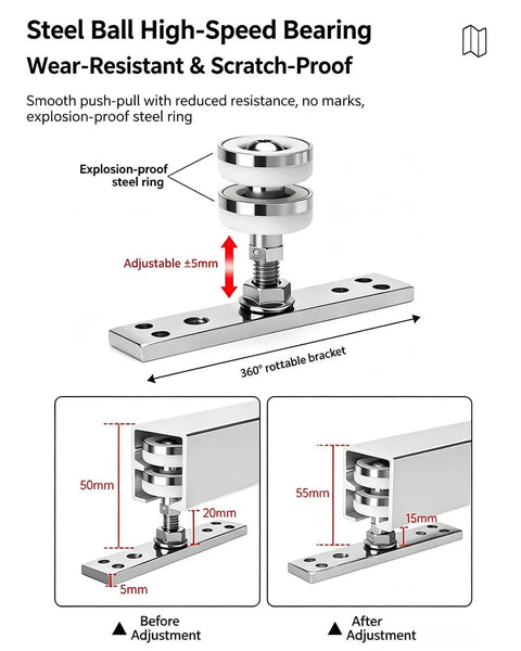 Heavy Duty Bifold Sliding Door Hardware Kit For Closets Features Smooth Glide Rollers Plus 3mm Aluminum Rails Supporting 150kg Max Load Rust Proof Build Custom Cuts Fit Any Opening Saving Real Dough On Repair Bills By Choosing Tough Gear Today. steel ball bearing roller, 360° bracket, adjustable ±5mm