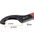 Close-up of Pro Grade C Hook Spanner Wrench Collet Chuck Set For 38-42mm Round Nuts, carbon steel, black oxide, red non-slip handle.