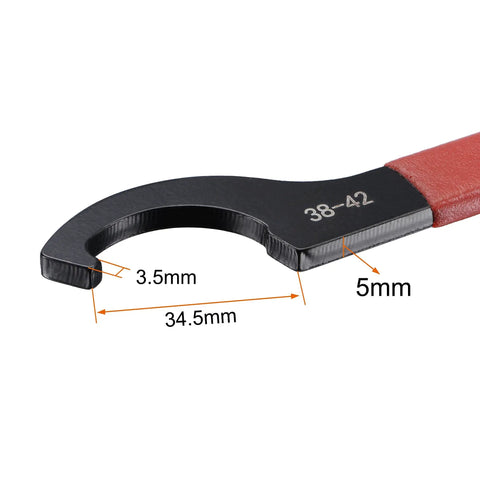 Close-up of Pro Grade C Hook Spanner Wrench Collet Chuck Set For 38-42mm Round Nuts, carbon steel, black oxide, red non-slip handle.