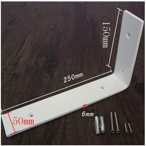 Hefty Hold Rock Solid L Shaped Wall Brackets For Corner Shelves 100 Kilogram Support with dimensions and screws.