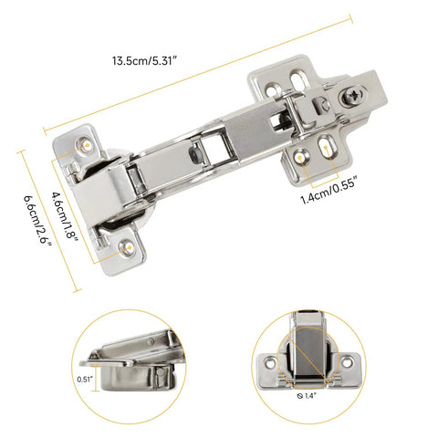 Knockout Durability One Pair 175 Degree Concealed Cabinet Hinges showing dimensions and soft close mechanism for cupboards.