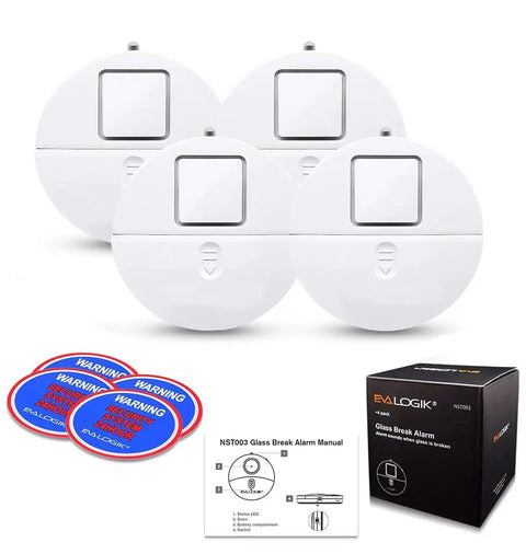 Window Alarm System 4 Pack Ultra Loud 120dB Alarms With Advanced Vibration Sensors For Glass Break Detection Ideal For Home Office Garage RV Dorm And Sliding Or Traditional Windows Includes Low Battery LED Indicator, 4 white units
