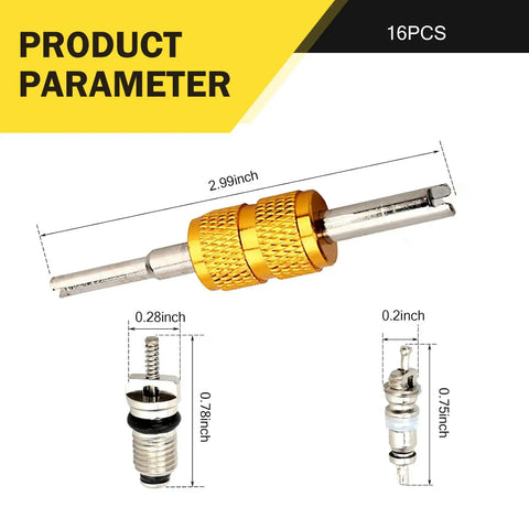 16 Piece Air Conditioning Valve Core Kit For R12 And R134a Systems, high side removal tool, valve cores, dimensions, multicolor