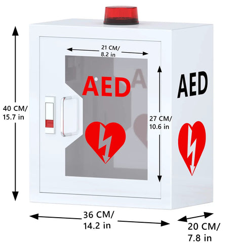 Heavy Duty AED Defibrillator Wall Cabinet, Built Tough Solid Steel Emergency Storage, 40 CM tall, with siren and clear window.
