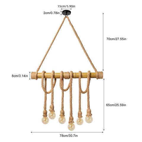 Six Heads Hemp Rope Pendant Light With Vintage Bamboo Chandeliers Fixture For Kitchen Island And Rustic Industrial Hanging Lamp For Bedroom Restaurant Cafe Bar Or Country Style Decor