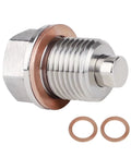 Magnetic Stainless Steel Oil Drain Plug M16 X 1.5 With Neodymium Magnet shown with 3 copper washers.