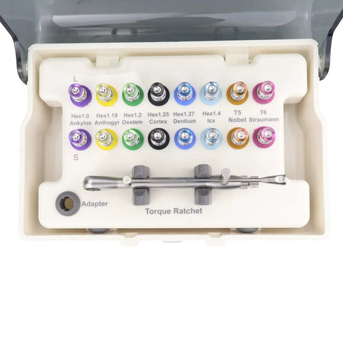 Pro Grade Prosthetic Torque Wrench And All In One Multi Driver Tool Kit with organized torque ratchet and driver heads.