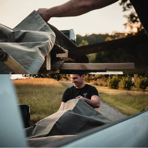 Heavy Duty 18 Oz Canvas Tarp Waterproof And UV Resistant With Rustproof Grommets For Industrial And Commercial Use Cut Size 6x8 Feet Finished Size 5 Feet 6 Inches By 7 Feet 6 Inches Olive Drab being unfolded outdoors