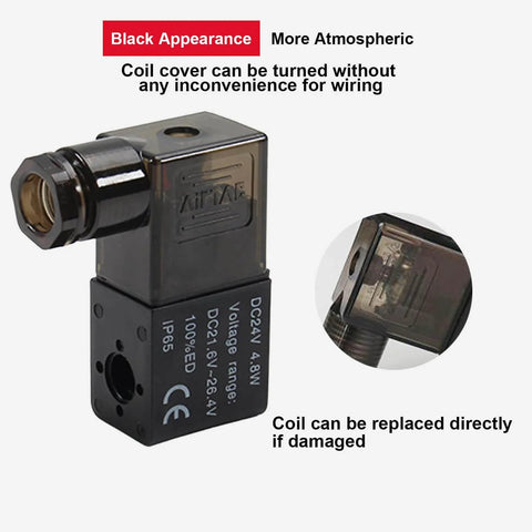 2 Pack DC 24V pneumatic solenoid valve coil replacement, black appearance, copper coil plug connector, DIY friendly for water, gas, air lines.