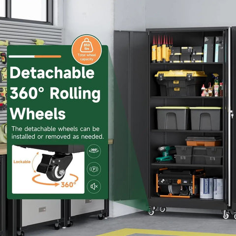 Durable Metal Garage Storage Cabinets With Locking Door And Adjustable Shelves Built For Home Office And Warehouse Heavy Duty Steel Tool Cabinet With Moisture Resistant Finish Black 75 Inch Tall, shown with 360-degree rolling wheels and open shelves.