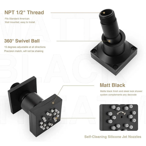 Matte Black Shower Jet Body Spray Kit With 2 Function Side Wall Mounted Sprayer Heads Square Brass Massage Sprayers