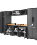 9 Piece Workshop Set With Steel Drawers Rolling Chest Locked Storage Cabinet And Wall Cabinets, including tall and base cabinets