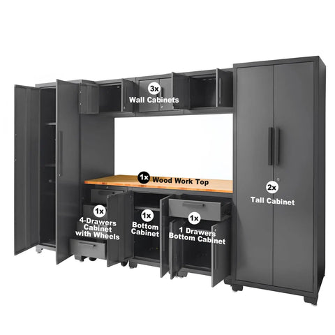 9 Piece Workshop Set With Steel Drawers Rolling Chest Locked Storage Cabinet And Wall Cabinets, including tall and base cabinets
