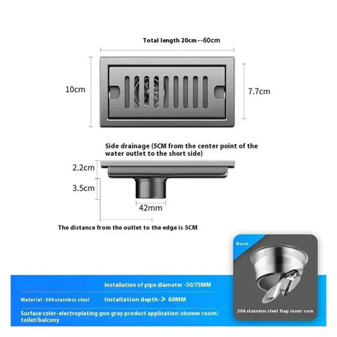Game Changing Stainless Steel Shower Floor Drain And Hair Catcher Strainer No Sweat Quick Setup Bathroom Drainage Grate With Easy Pull Trays For Zero Hassle Cleaning In Classic Gun Gray 60CM Length dimensions and installation details.