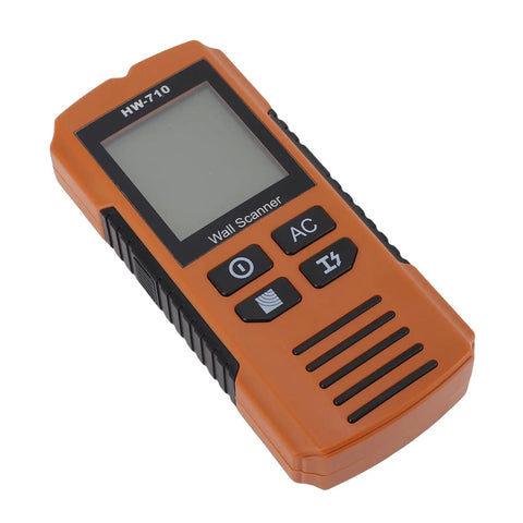 ViaGasaFamido Wall Scanner Stud Finder, 5-in-1 with LCD Display for Metal in orange color, showing front view and controls.