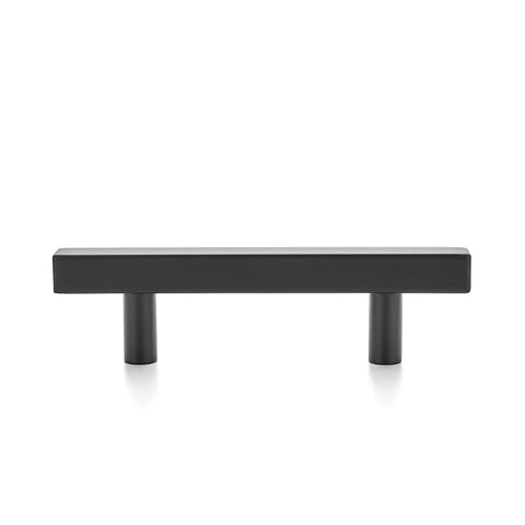 Close-up of a single 5 Inch Square Cabinet Pull Matte Black Stainless Steel Kitchen Drawer Handle in a front view, 5 inch length, 3 inch center to center.