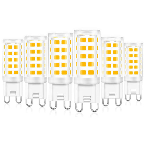 Image of six G9 Led Bulbs 4W Chandelier Light Bulbs 40W Halogen Equivalent 3000K Soft White Brighten Your Home Bi Pin Base Non Dimmable 360 Degree Beam Angle 400LM Pack Of 6 Energy Saving Long Lasting, displaying bi-pin bases.