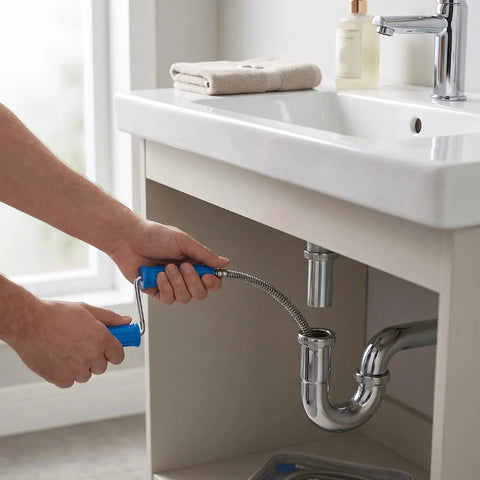 Heavy Duty Three Meter Drain Snake Knock Out Nasty Gunk And Stubborn Clogs In Kitchen Sinks And Bathroom Showers With Sturdy Alloy Steel Spring For Stress Free Plumbing Jobs Any Day in use under sink.