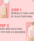 Application steps for Perfect Bond Nail Glue For Natural And Artificial Nails, showing glue spread and pressing nail.