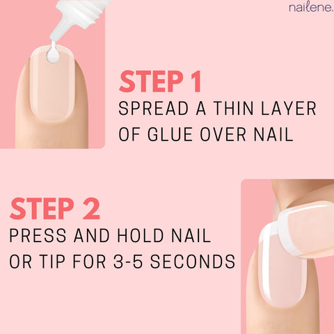 Application steps for Perfect Bond Nail Glue For Natural And Artificial Nails, showing glue spread and pressing nail.