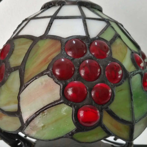 Close-up of Grapes Tiffany Style Stained Glass Mini Table Lamp Night Light For Bedside And Living Room, 7 Inch Tall, handcrafted glass.