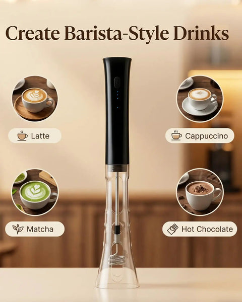 Rechargeable Milk Frother Handheld With Stand, Low Noise Electric Coffee Frother Wand With Stainless Steel Shaft, Anti-Accidental Start, Dual Coil Whisks, Easy Foam Maker For Lattes And Cappuccinos, Perfect Kitchen Gift displayed with coffee drinks.