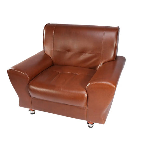Brown leather armchair with stainless steel legs showing adjustable height, suitable for home or office furniture use.