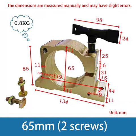 Heavy Duty CNC Spindle Clamp Bracket Aluminum Quick Release Water Cooled Mount Fits 65mm 80mm Inner Bore 800W To 2.2KW Router Motor Garage Ready No Fuss Install For Weekend Warriors, shown with dimensions and screws.