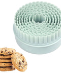 Round cookie cutter set, eight pieces, light blue plastic, nestable for cookies and fondant.