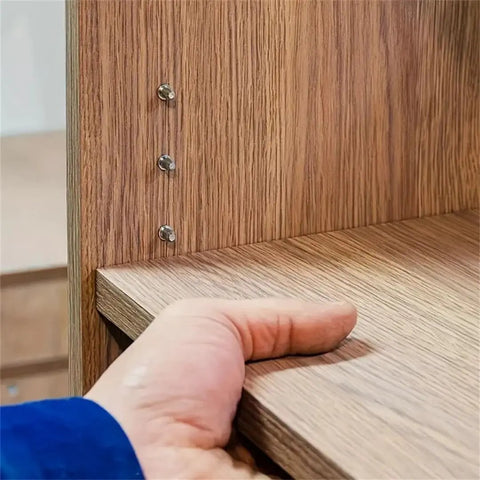 Close-up of wood shelf supported by wall mount pins for Heavy Duty Shelf Brackets For Bookshelves Cabinets And Home Office Organization.