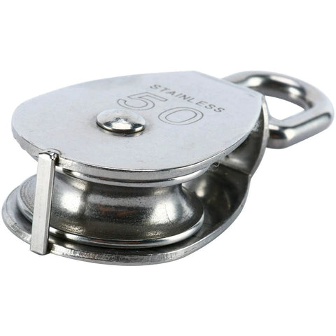 Close-up of Two Pack M50 Single Pulley Block in 304 Stainless Steel for Lifting and Rigging with 360 Degree Swivel Ring, showing durability.