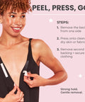Woman demonstrating Double Sided Fashion Tape And Body Tape 36 Strips For Women Latex Free on a dress for secure fit.