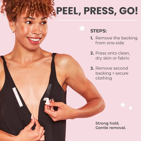 Woman demonstrating Double Sided Fashion Tape And Body Tape 36 Strips For Women Latex Free on a dress for secure fit.
